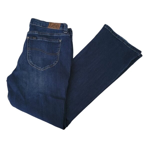 Lee Regular Fit Boot Cut Mid Rise Jeans Womens Size 33 Waist Dark Wash Denim - Picture 1 of 5